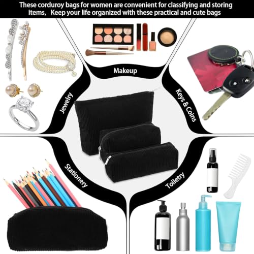 Huhumy 3-Piece Corduroy Makeup Bag Set for Women, Black, Solid Style