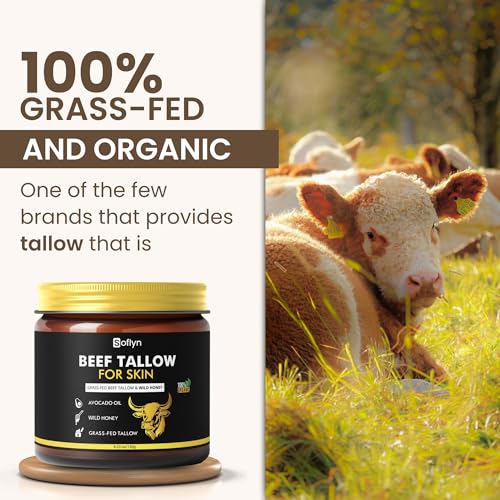 Beef Tallow for Skin - 100% Grass-Fed Beef Tallow and Honey Balm - Whipped Tallow Balm for Face, Lips & Body - Natural Moisturizer Face Cream for Dry, Sensitive & Mature Skin - 4.2oz 120g Jar