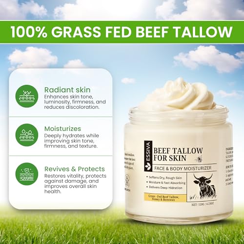 Beef Tallow for Skin ? Organic Whipped Beef Tallow Honey Balm | Tallow & Honey Balm for Face | Softening Skin Moisturizer for Sensitive, and Dry Areas | Natural Beef Tallow Skincare - 4.2oz/120g Jar