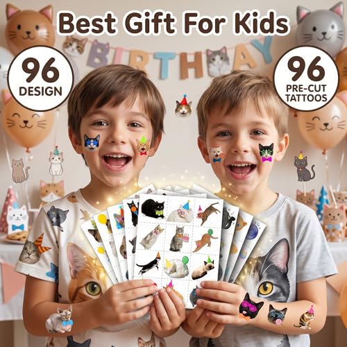 96 Cute Cat Temporary Tattoos - 8 Sheets Party Favors