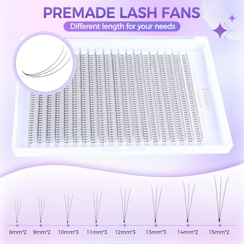 Premade 3D Lash Fans 800 Pack, 0.07mm Short Stem, 8-15mm Mix