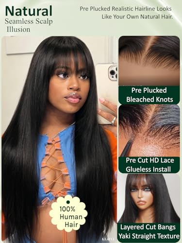 KLAIYI 18-Inch Yaki Straight Lace Front Wig with Wispy Bangs