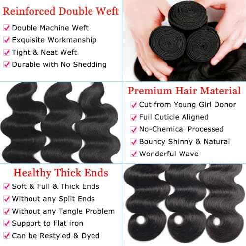 16A Human Hair Bundles 12 14 16 Inch Body Wave Bundles Human Hair 300g Brazilian Virgin Body Wave 3 Pieces Deals Brazilian Quick Weave Extensions Wet and Wavy Extensions Natural Black