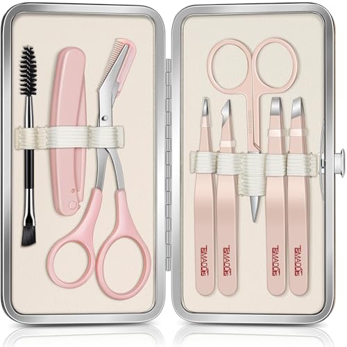 TsMADDTs Tweezers for Women Facial Hair, 8 in 1 Eyebrow Kit with Tweezers, Eyebrow Trimmer Scissors, Razor, Brush with Travel Bag, Hair Plucking Daily Beauty Tools