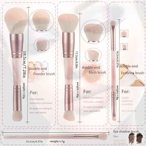 4PCS Pink Dual-Ended Makeup Brushes & Blending Sponge Set, Professional Foundation Concealer Eyeshadow Kabuki Brush with, for Liquid Powder Cream, Vegan & Cruelty-Free