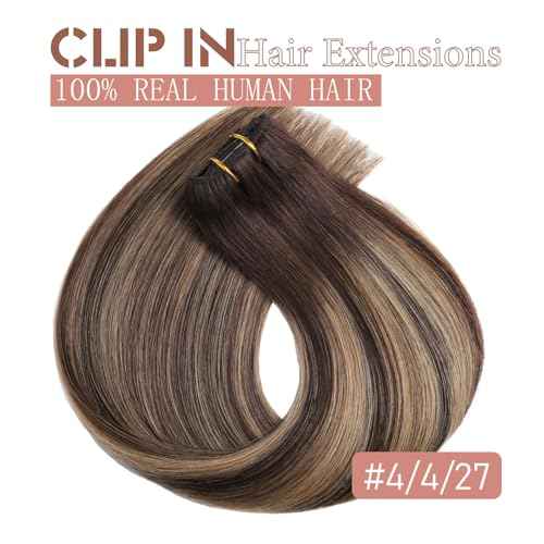Clip in Hair Extensions Real Human Hair Extensions 20 Inch Human Hair Clip in Extensions Balayage Chocolate Brown to Caramel Blonde Clip ins for Women Remy Human Hair Extensions #4/4/27 80g 5pcs