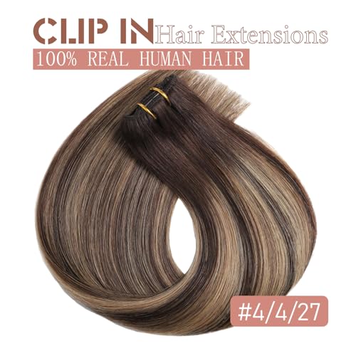 Hair Extensions Real Human Hair Clip in Hair Extensions Remy Human Hair Clip ins Balayage Chocolate Brown to Caramel Blonde Straight Real Hair Extension for Women 18 Inch 80g/5pcs Soft Silky