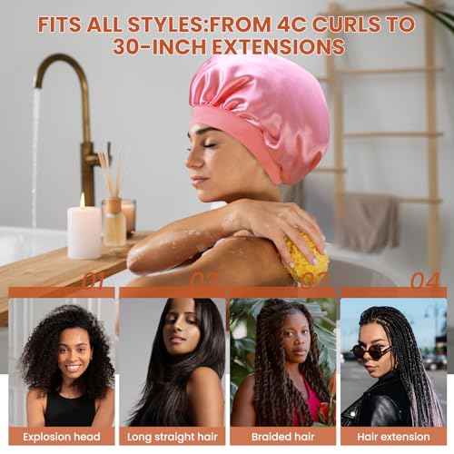 Silk Bonnet for Sleeping Women - Waterproof Shower & Sleep Hair Protector, Adjustable Silk Night Cap for Curly/Natural Hair