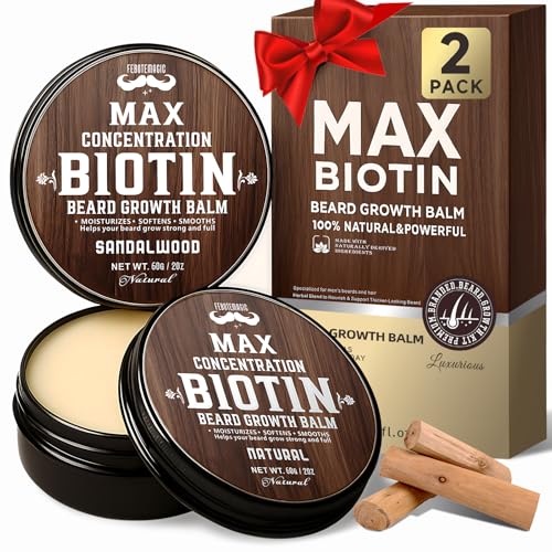 2 Pack Biotin Beard Balm Set for Men ? Natural & Sandalwood Butters ? Non-Itchy, Moisturize, Strengthen & Shape Beards ? Grooming Gift Set for Father's Day, Anniversaries, Christmas