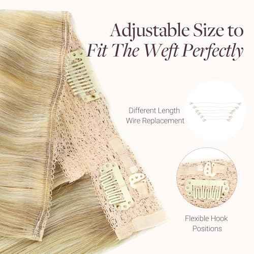 GOO GOO Wire Hair Extensions Human Hair, 16/22 Light Blondewith mix Golden Blonde Highlighted 14inch 75g, Invisible Wire Hair Extensions with Transparent, Seamless Fish Line Hairpiece