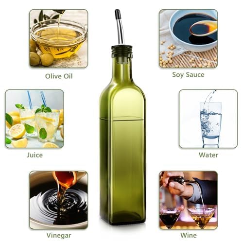 Leaflai Olive Oil Dispenser Bottle, 1 Pcs Green Glass Olive Oil Dispenser and Vinegar Dispenser Set with 2 Stainless Steel Pourers, 2Labels,1 Brush and 1 Funnel Oil Bottles for Kitchen (500ml)