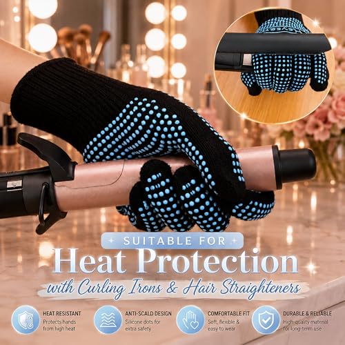 Blue HEYSAM Heat Resistant Gloves with Silicone Bumps for Hair Straighteners & Curling Irons
