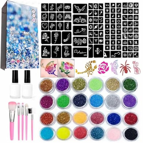 Temporary Glitter Tattoos Kit - 24 Colors, 187 Stencils
