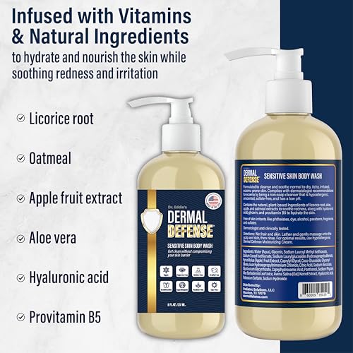 Dr. Eddie's Dermal Defense Sensitive Skin Body Wash - Unscented Body Soap, Hydrating Eczema Bodywash & Shampoo for Women & Men, Gentle Dry Itchy Skin Relief for Adults, Natural Ingredients - 8 fl oz