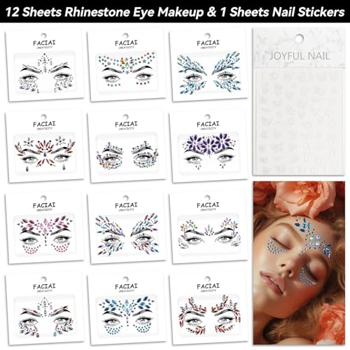 Face Gems Stickers 12 Sets - Body Glitter Rhinestones for Makeup