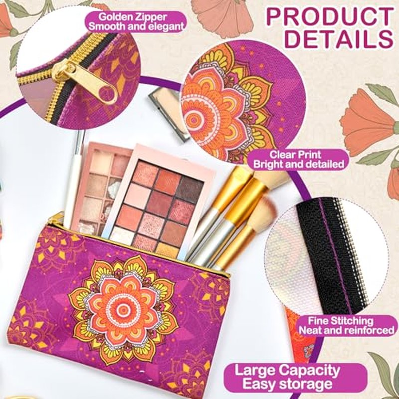 24 Pcs Diwali Gifts Bulk, Indian Return Gifts for Pooja, Multicolor Canvas Makeup Bags with Golden Zipper, Travel Cosmetic Pouches with Classic Indian Motifs, Wedding Gift for Women
