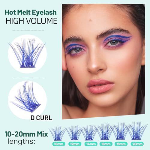 BODERMINCER Lash Clusters Kit 10-12-14-16mm Mixed Natural D Curl Fairy Lashes Pre-glue Extension Bond and Seal for Self Use DIY at Home (Colorful 16MM M02#)