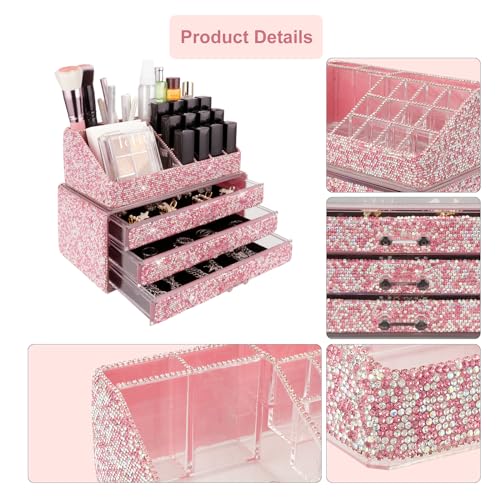 KEYPOWER Makeup Organizers Drawer Bling Diamond,Fashion Countertop Jewelry Cosmetic Storage Display Boxes,Makeup Brush Holder, Cosmetic Holder,2 Pieces Set(Purely Handmade)(Pink)