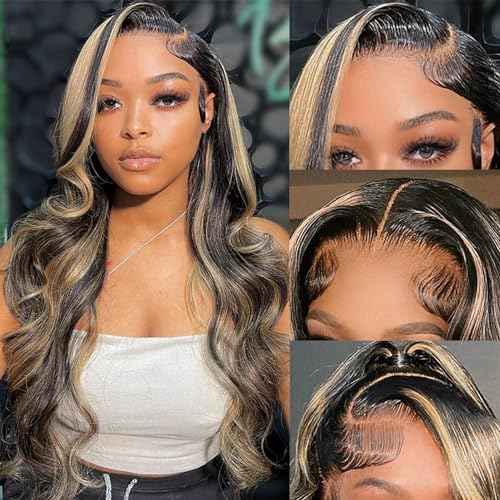 13x6 1b/27 Highlight Ombre Balayage Lace Front Wigs Human Hair Black and Blonde Body Wave Lace Frontal Wig Pre Plucked with Baby Hair for Black Women HD Transparent 180% Density Wig 24 Inch