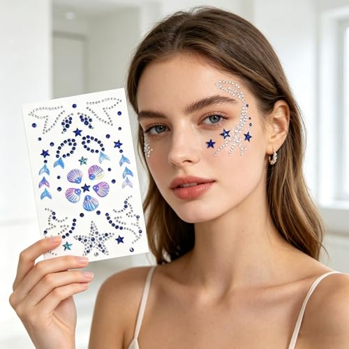 50pcs Blue Mermaid Face Gems Stickers - Self Adhesive Rhinestone Jewels