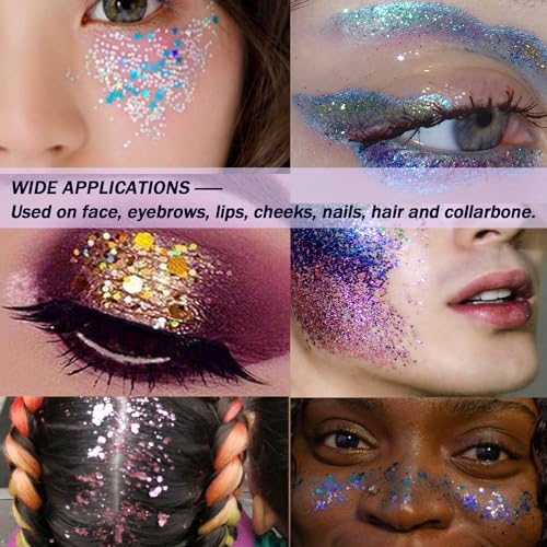 Face Glitter Gel, Holographic Body Glitter Gel for Hair, Body, Face, Lip, Eyeshadow, Sequins Glitter Face Paint, Chunky Glitter for Makeup, Sparkling Glitter Makeup for Concerts Music Festival Rave