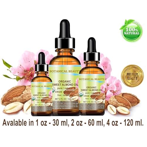Botanical Beauty? Organic SWEET ALMOND OIL 100% Pure Natural Virgin Unrefined Undiluted Cold Pressed Carrier Oil for Face, Skin, Body, Hair, Massage, Nails. 2 Fl. oz - 60 ml