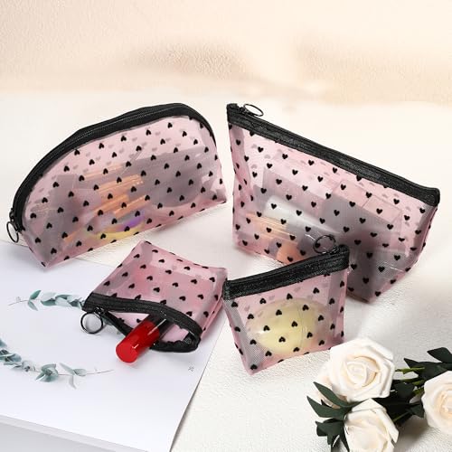 VOCOSTE 4pcs Heart Shape Print Mesh Makeup Bag, Makeup Bag Clear, Mesh Bags with Zipper, Clear Makeup Pouch Mesh Bags, Make Up Bags for Women, Pink