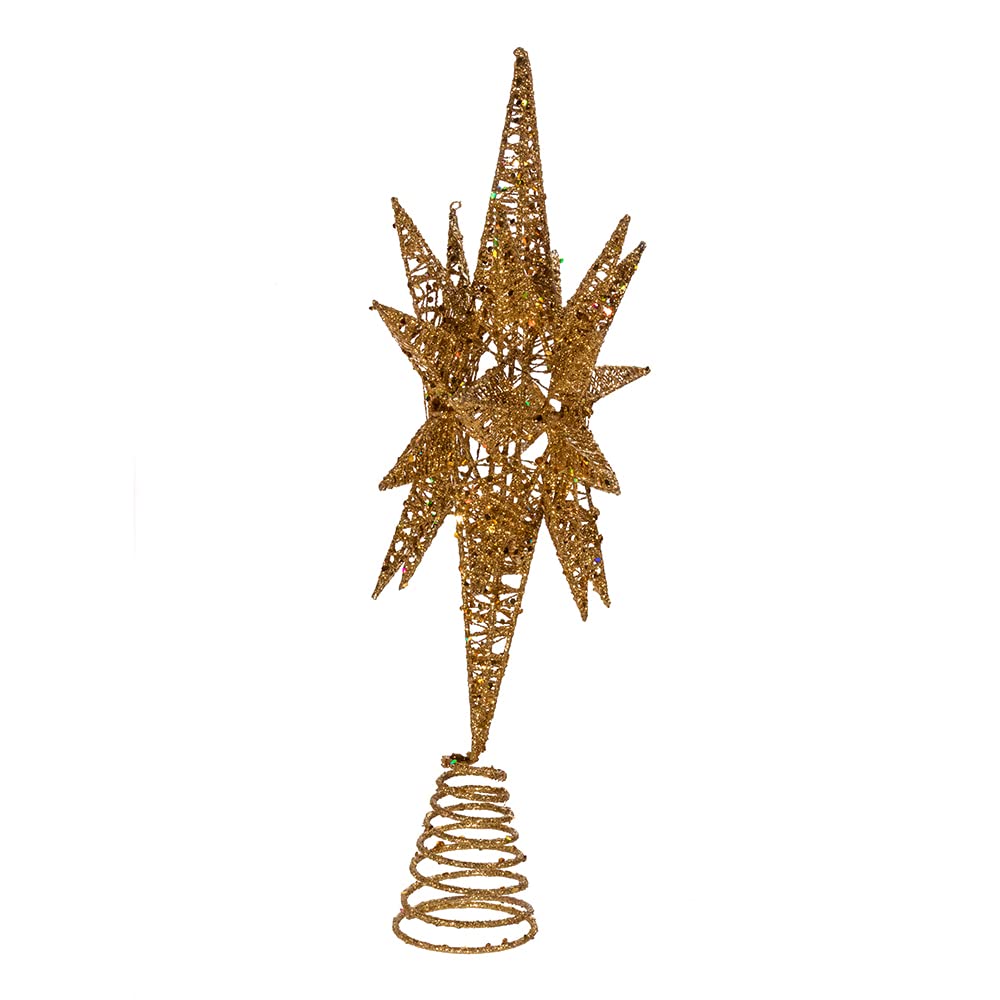 Kurt Adler Un-Lit Gold Glitter Wire 3D Star Treetop, 16.5-inch Length, Gold-Tone, Metal, Holiday Decor