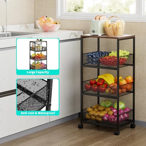 HapiRm 4-Tier Rolling Kitchen Cart with Wood Top & Wheels