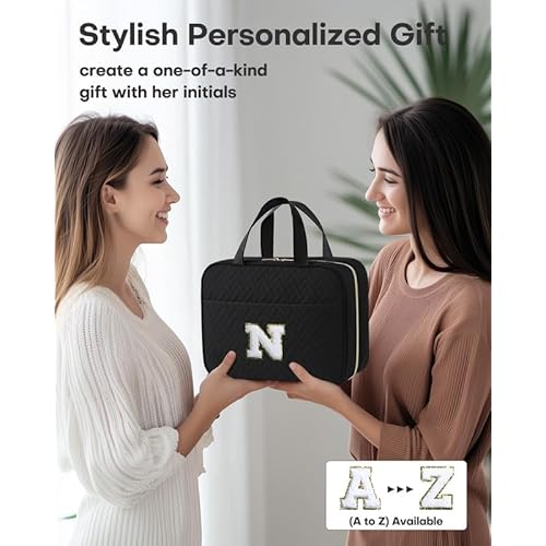 HOTOR Travel Toiletry Bag - Personalized Chenille Initial Makeup Bag, Water-Resistant Personalized Gifts for Women, Portable Travel Accessories & Essentials, Letter N, Black, 11.4"¡¿9.0"¡¿3.35"