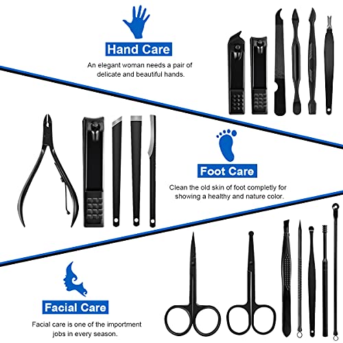 Keiby Citom Professional Stainless Steel Nail Clipper Travel & Grooming Kit Nail Tools Manicure & Pedicure Set of 18pcs with Luxurious Case (Black/Blue)