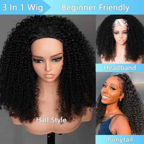 Kinky Curly Half Wig Human Hair 200% Density Wear Go Glueless Wigs Human Hair 20 Inch Curly 3 In 1 Half Wigs for Women Drawstring Seamless Flip Headband Wig Beginner Friendly