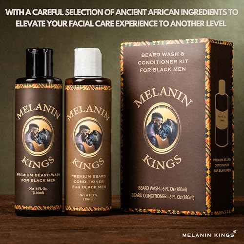 Melanin Kings Beard Wash & Conditioner Set for Black Men ? Gently Cleanse, Hydrate & Soften Coarse, Dry and Curly Beards ? African Oil Blend with Baobab, Marula, Argan & Jojoba