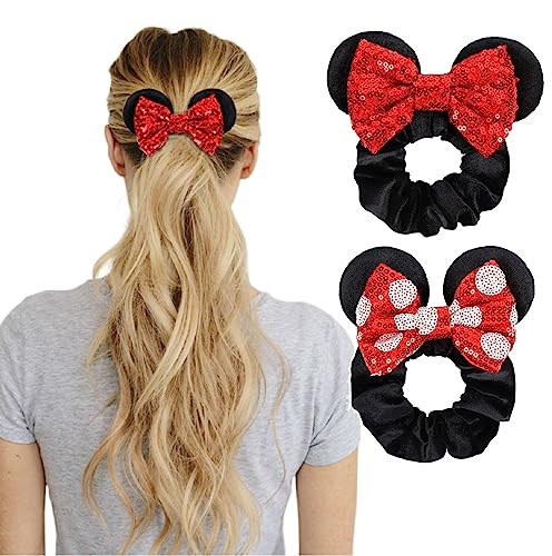 4th of July Hair Scrunchies Mouse Ear Accessories for Women Girls Independency Day Mice Ears Hair Ties Cute Sequins Hair Bow Scrunchies for Ponytail Party Favors Cosplay Costume,Red Blue