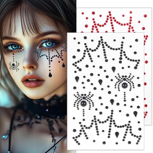 Spider Web Face Gems Stick On Rhinestones - Halloween Temporary Tattoos 2Pc