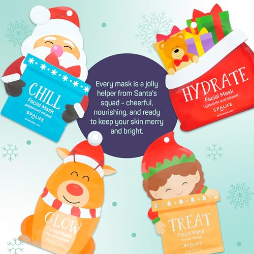 SpaLife Beauty Santa¡¯s Squad 2025 Christmas Face Mask Bundle | Korean Facial Masks | Hydrating, Soothing, Complexion Enhancing and Firming Sheet Mask Set | Christmas Gifts for Women | 12 Pack