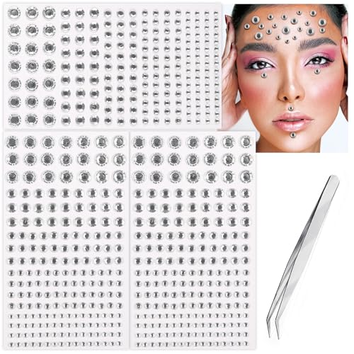 Face Gems Hair Gems, Self-Adhesive Face Jewels Eye Jewels Rhinestones 3/4/5/6/8mm DIY Face Gems Stick on, Halloween Makeup Gems Rave Accessories for Face Eyes Makeup Body, Crafts(White)
