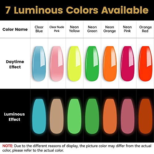 YTD Likomey Glow in the Dark Gel Nail Polish Set,6 Colors with Base and Top Coat Set,Fluorescent Neon White Green Orange Pink Yellow Blue Luminous Salon Home DIY Manicure UV Nail Gel,8 Pcs 7.5 ml