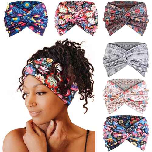 Tobeffect Extra Wide Headbands for Women, 7'' Boho Turban Floral Headband Large Hairband Twisted Hair Accessories, 6 pack