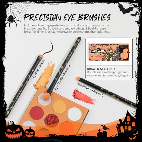 docolor Makeup Brush Set,5PCS Halloween Goth Makeup Brushes Powder Contour Eyeliner Brow Eyeshadow Brush Set with 9 Colors Halloween Eyeshadow Palette,1PC Makeup Sponge Puff&3PCS Halloween Scar Tattoo