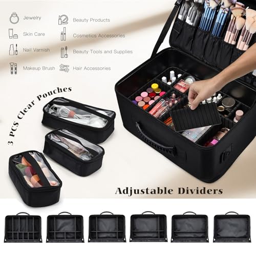 Costravio Makeup Bag Organizer Large Makeup Case Backpack Professional 2 Layers Cosmetic Storage Organizer Brush Slot with 3 Clear Set Bags for Makeup Artists with Shoulder Strap Adjustable Dividers
