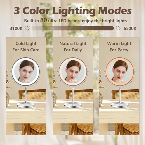 9" Large Lighted Makeup Mirror, 1X/10X Magnifying Makeup Mirror with 3 Colors Dimmable Lightning, 80 LED Lights, 360¡ÆRotation Double Sided Standing Vanity Mirror