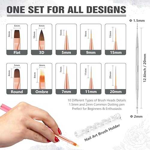 Pink Professional Double-Ended Nail Art Brush Set - 5 Pcs for DIY & Salon