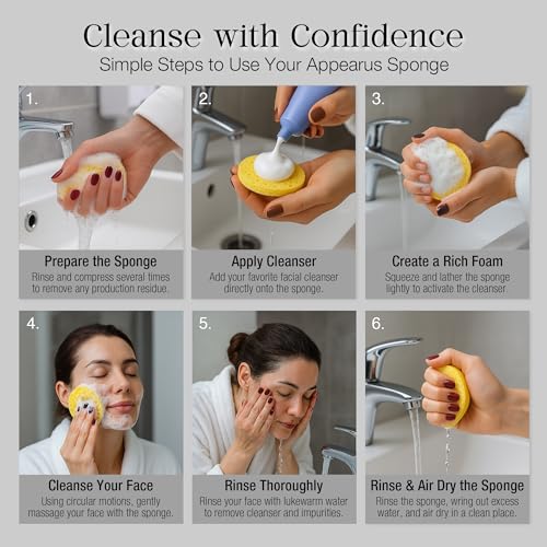 Appearus Natural Cellulose Facial Sponges ? 50 Pack (Compressed) ? Professional Spa Facial Sponge Pads for Cleansing, Exfoliating, Makeup Removal ? Natural Yellow ? Gentle on Sensitive Skin