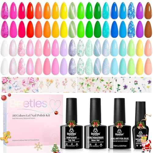 beetles Gel Polish Kit - 36 colors Pastel Christmas Polish Blue Green Glitter Nail Polish with Nail Art Foil Glue Base Coat Glossy Top Coat Impressionist Garden Soak off Uv Gel Manicure Kit Gifts