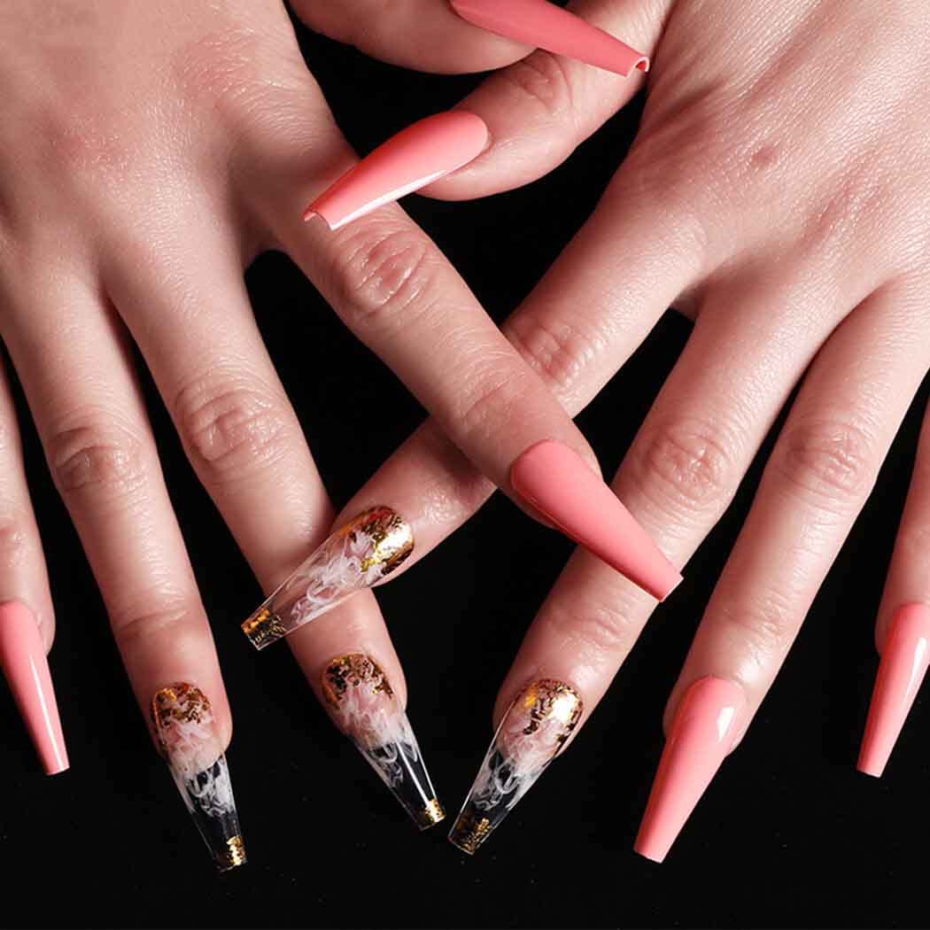 Outyua Smoke Pattern Fake Nails Pink Coffin Extra Long Press on Nails with Designs Glossy Ballerina Acrylic False Nails Stick on Artificial Nails 24Pcs (Pink)