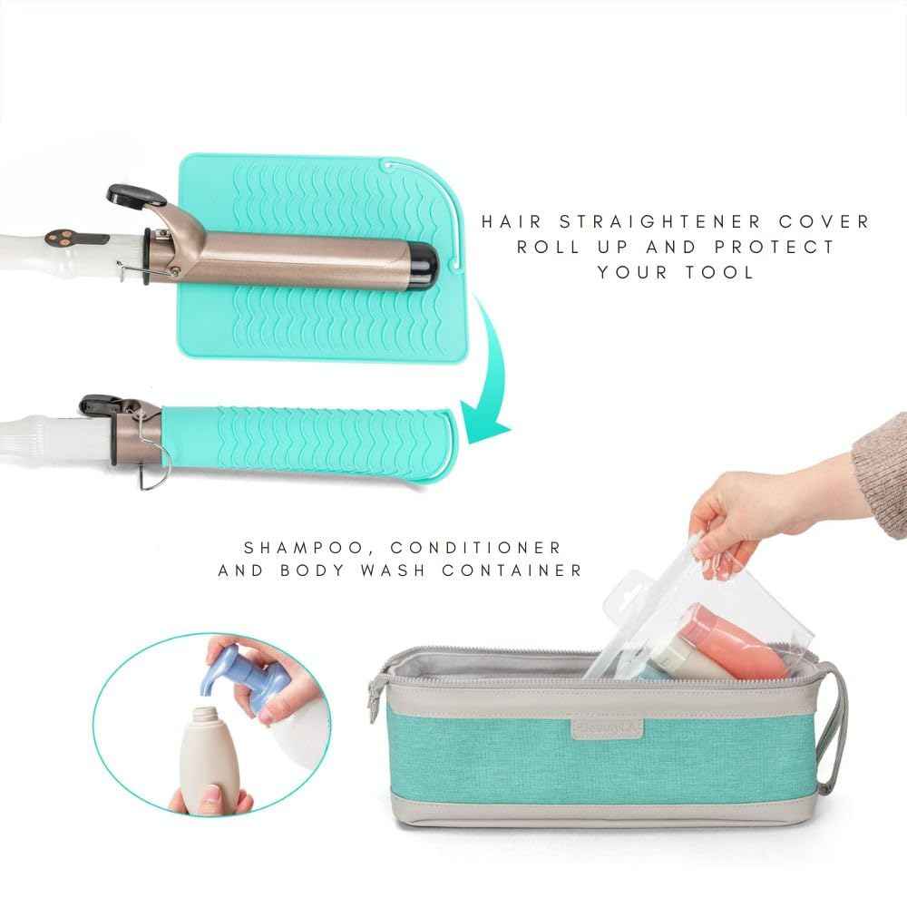 ‍Hair Tool Travel Bag with Heat Resistant Mat – Travel Case for Curling Iron, Straightener, Dy son Air wrap, Shark FlexStyle – Waterproof Organizer with Silicone Bottles