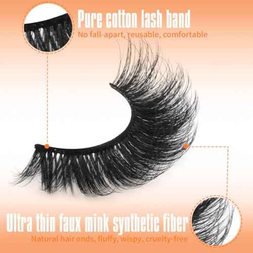 Kiromiro Mink Lashes False Eyelashes 18mm 3D Volume Cat Eye Lashes Faux Mink Eyelash Wispy Fake Eyelashes Thick Strips Lash Pack, 7 Pairs
