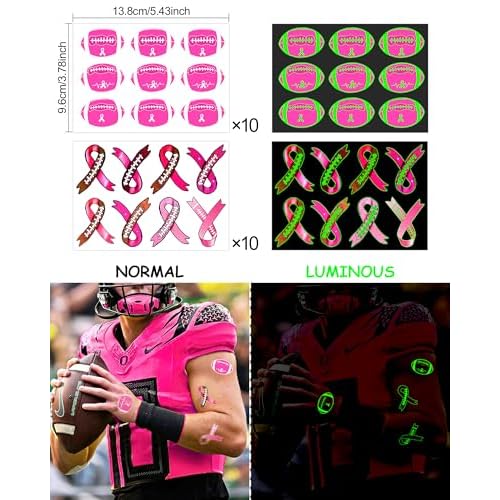 20 Sheets Luminous Pink Breast Cancer Accessories Football Temporary Tattoos - Glow in The Dark Breast Cancer Awareness Tattoos Temporary for Party Decoration Supplies