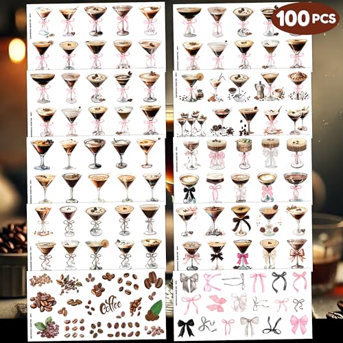 100PCS Espresso Martini Coffee Temporary Tattoos ? A Tini Bit Older Birthday Party Decorations Supplies Favors, Bow Cocktails Tini Bar Stickers for Women Girls Bachelorette Bridal Shower (Brown)